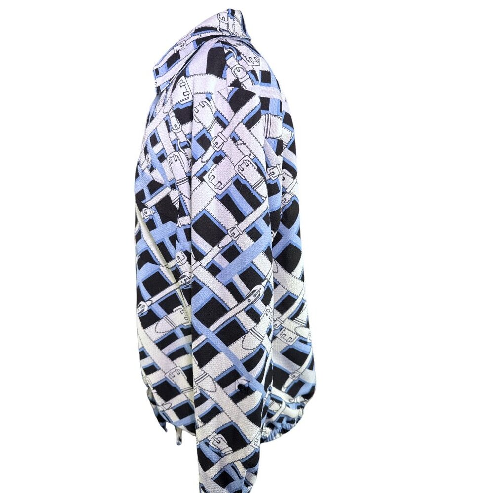 Jones New York Womens Button Up Blouse Tie Front Black Blue Patterned Size M - Picture 10 of 10